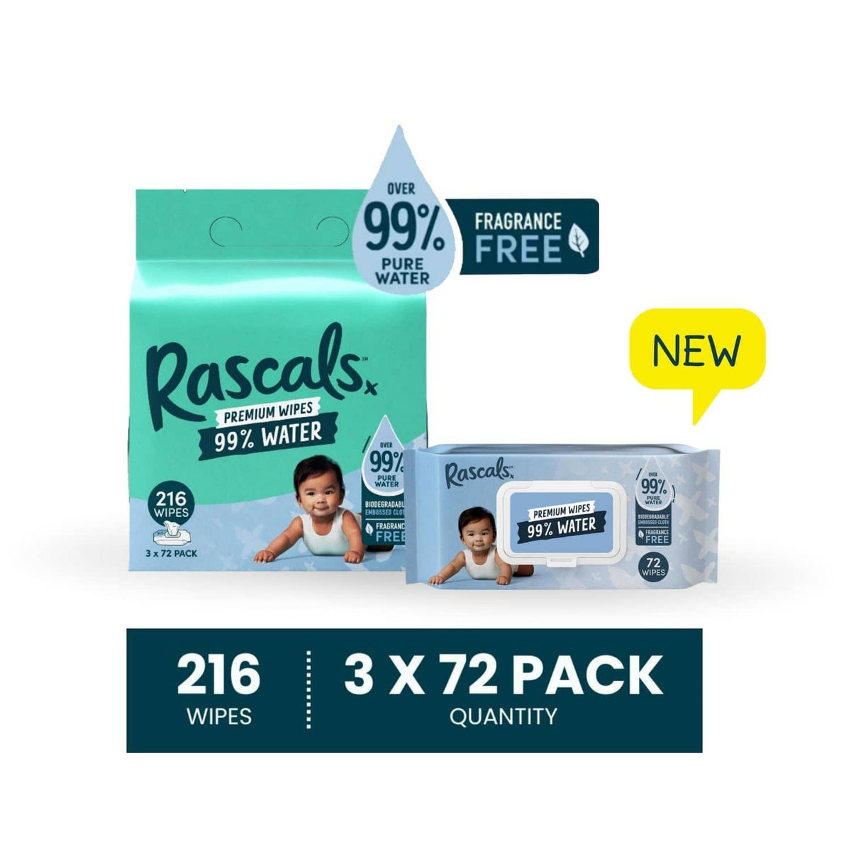 Rascals 99% Water Premium Wipes - Pack of 216 (72 x 3) – Rascals Baby UAE